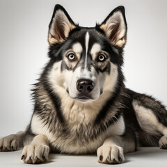 Obraz premium A Siberian Husky (Canis lupus familiaris) with dichromatic eyes posing elegantly.