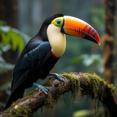 A striking toucan (Ramphastos toco) sitting on a tree branch in the vibrant tropical rainforest.