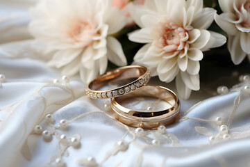 bride and groom with white dress, wedding table setting wedding cake and decoration rings