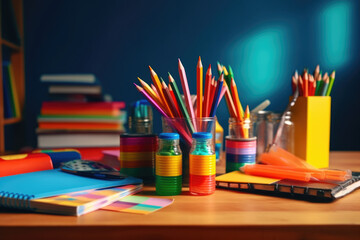 Obraz premium School supplies on wooden table. colorful pencils, generative AI