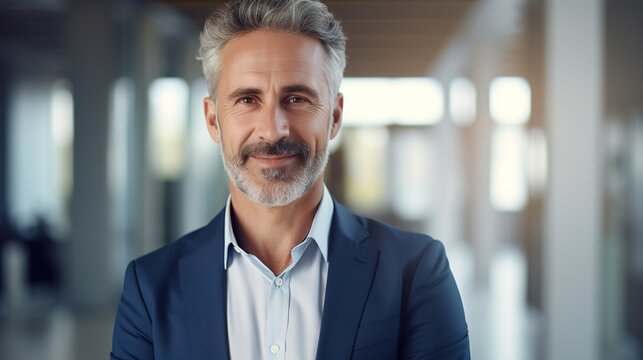 Happy mid aged older business man executive standing in office. Smiling 50 year old mature confident professional manager, confident businessman investor looking at camera, headshot, generative ai