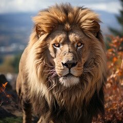 Naklejka premium A majestic lion (Panthera leo) roaming the grassland with a commanding presence. Taken with a professional camera and lens.
