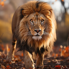 Obraz premium A majestic lion (Panthera leo) roaming the grassland with a commanding presence. Taken with a professional camera and lens.