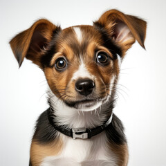 A curious Jack Russell puppy (Canis lupus familiaris) standing on its hind legs, looking attentively.