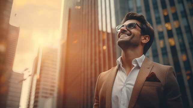 Happy wealthy rich successful indian business man standing in big city modern skyscrapers street on sunset thinking of successful future vision, dreaming of new investment opportunities, generative ai