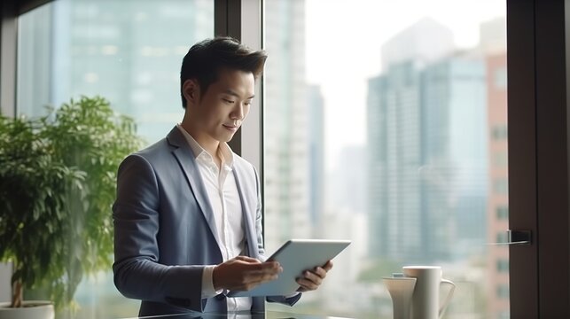 Professional young Asian businessman using tablet standing at window. Japanese business man executive working with fintech device, checking digital marketing ecommerce business project, generative ai