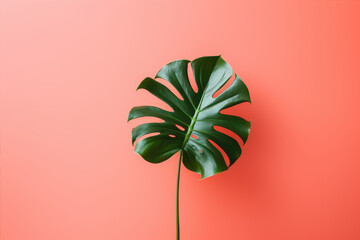 Philodendron tropical leaves on coral color background minimal summer