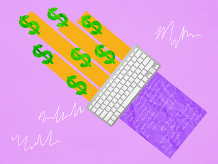 A collage of a sheet of paper, a keyboard and dollar signs as a symbol of blog monetization.