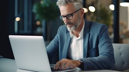 Happy busy middle aged business man ceo wearing suit sitting at desk in office using laptop. Mature businessman professional executive manager working on computer corporate technology, generative ai