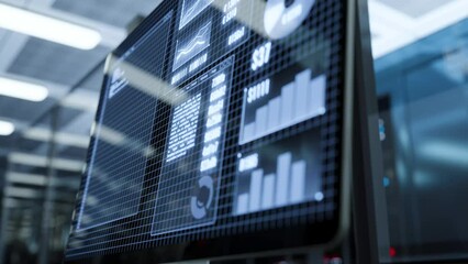 Scientific computer in a laboratory with displayed charts and programming language programs. 3d render - Powered by Adobe