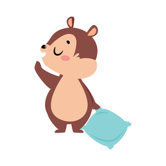 Funny Chipmunk Character with Cute Snout Yawning Hold Pillow Vector Illustration