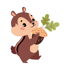 Funny Chipmunk Character with Cute Snout Holding Acorn Vector Illustration