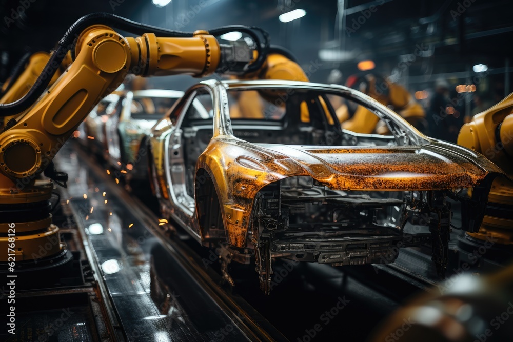 Fototapete Robotic arm for electronic assembly line. Smart modern factory automation using advanced machines. Generative AI