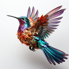 A magnificent closeup shot of a Hummingbird (Trochilidae) highlighting its high detail feathers and iridescent colors.