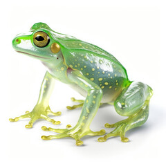 A glossy Glass Frog (Centrolenidae) in a reflective pose.