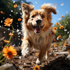 A playful puppy (Canis lupus familiaris) chasing colorful butterflies in a sunlit garden in Tuscany, filled with the scent of blooming flowers.