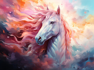 Obraz na płótnie Canvas Impressionism style colorful white horse