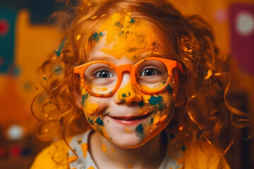 Obraz premium Portrait of happy smiling little girl with colorful paint on the skin. generative AI