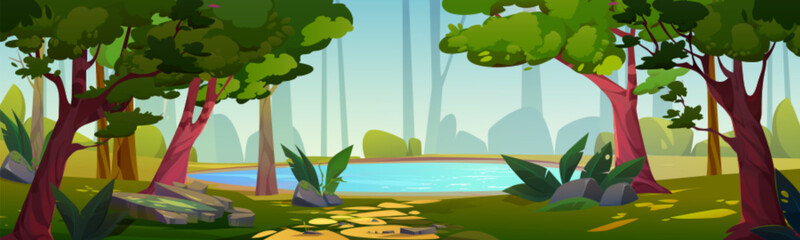 Obraz premium Blue lake in thick summer forest. Vector cartoon illustration of beautiful natural landscape with tall trees, green grass and bushes, stone road to small pond with clear water. Spring park background