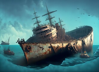 Fototapeta premium Wallpaper of a shipwreck in the sea,ocean, metal, sea