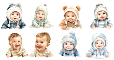 Set of cute Babys isolated on transparent Background in watercolor, generated ai