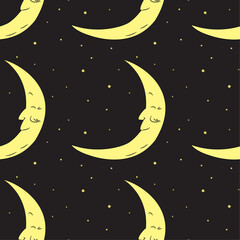 Obraz na płótnie Canvas Seamless pattern with cute smiling moon with stars. Night sky background for kids. childish moon star texture pattern. Fashion, nursery, baby shower, wallpaper template