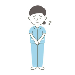 woman, nurse, medical care, simple, simple substance, human, illustration, vector, apologize, apology, bow, sad, hard, sweat, panic