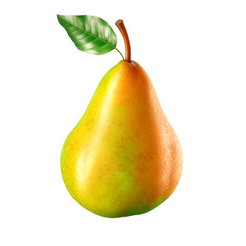 A beautiful, ripe pear with leaves, close-up on a white background
