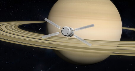 Spacecraft in front of the planet Saturn. Space exploration.