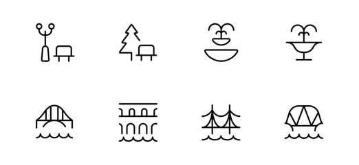 park icon set, fountain bridge icon, editable stroke line icon set vector.