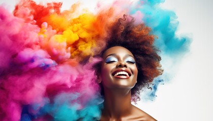 Happy black woman laughing in a cloud of colorful smoke on a white background, having fun, colors, color explosion, holi, LGBTQ+, party, peace, inclusive, beauty, freedom. Generative AI.