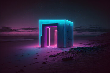 abstract neon pink blue building in desert at night landscape