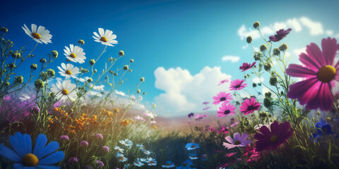 Plakat A beautiful flowery meadow in spring or summer. Nature concept. Generative AI
