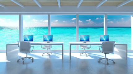 Obraz premium Modern office interior with sea view, panoramic window and blue sky. Generative AI