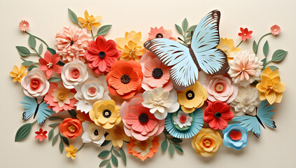 Fototapeta na wymiar 3d paper cut craft collage bouquet of flowers and butterflies