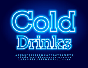 Vector neon Banner Cold Drinks. Glowing Blue Font. Modern Alphabet Letters and Numbers set