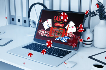 Online casino and gaming, gambling on device concept. Close up of laptop computer at workplace with various items, creative slot machine and other games. 3D Rendering. - Powered by Adobe