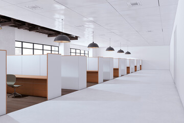Light coworking office interior with partitions and furniture. 3D Rendering.