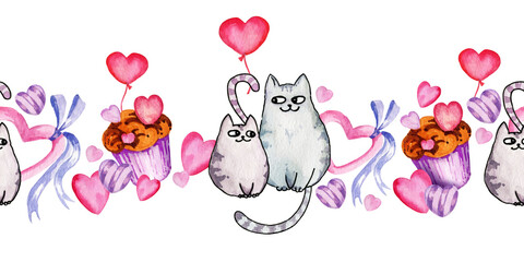 Watercolor seamless border of valentine day theme with different heart, candy, sweets and muffins, hand draw illustration, pink and lilac colour frame on white background