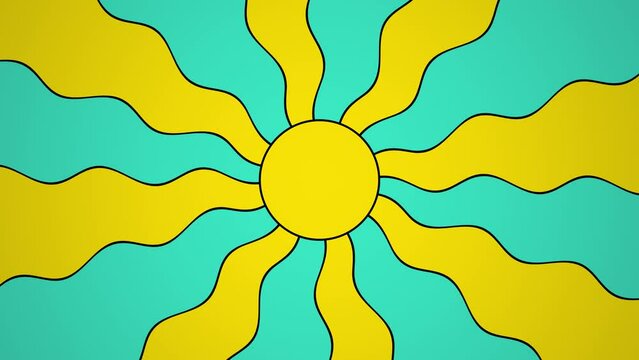 Background with sun, yellow and blue, retro, wavy, groovy, hippie, flat, abstract, cartoon sunbeams with blinking stars looping background.