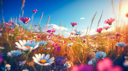 Fototapeta na wymiar A beautiful flowery meadow in spring or summer. Nature concept. Generative AI