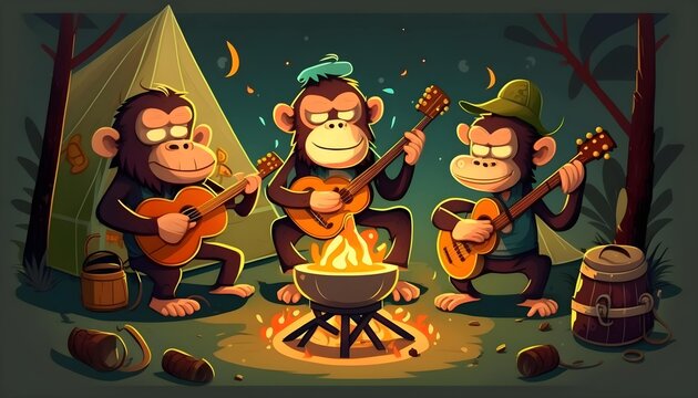 Three chimpanzees in outdoor clothing happily gather around a campfire. Generative AI
