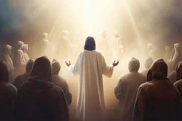 Photo sur Plexiglas Coloré illustrational view of jesus christ in white clothes and loving peaceful faceteaching crowd, blurry people and light rays in background, generative AI