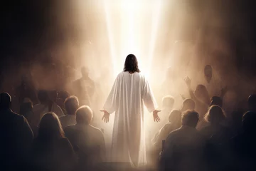 Photo sur Plexiglas Coloré illustrational view of jesus christ in white clothes and loving peaceful face teaching crowd, blurry people and light rays in background, generative AI