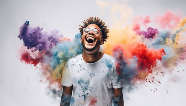 Happy black man laughing in a cloud of colorful smoke on a white background, having fun, colors, color explosion, holi, LGBTQ+, party, peace, inclusive, beauty, freedom. Generative AI.