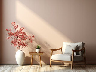 Cream color wall mock up in 3d rendering, warm tones with armchair and minimal decoration Generative AI..