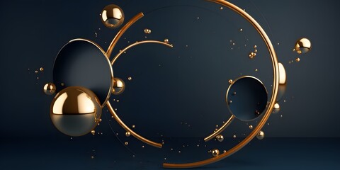 Obraz na płótnie Canvas Flying geometric shapes in motion with golden round frame. Dynamic set of realistic spheres, rings, tubes. Modern background for product design show in dark blue color. Ai generative