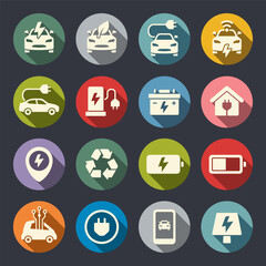 Electric cars flat vector icon set. Electro car charging and service icons.