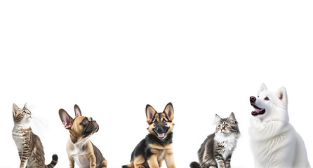 Group cute pet animal tabby cat and happy puppy dog looking up on white background with copy space. AI Generative