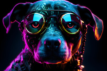 studio portrait of neon black light cyberpunk puppy with goggles